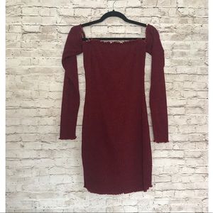 Wine color ribbed off the shoulder sweater dress